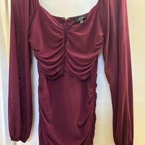 Nasty Gal Deep Red Ruched Long Sleeve Dress